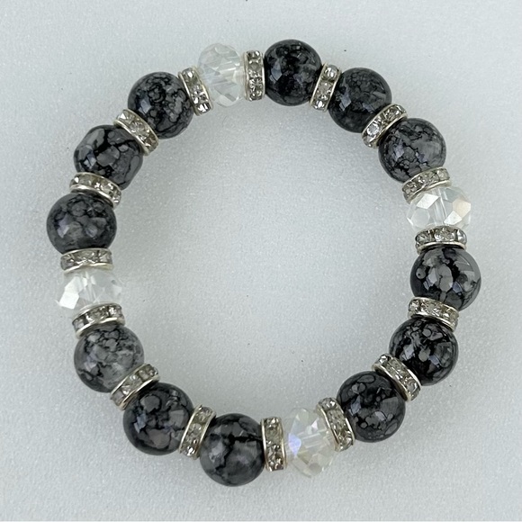 Gray Glass Beads 10mm Stretch Bracelet Rhinestone Rondelle Spacers - Picture 2 of 4